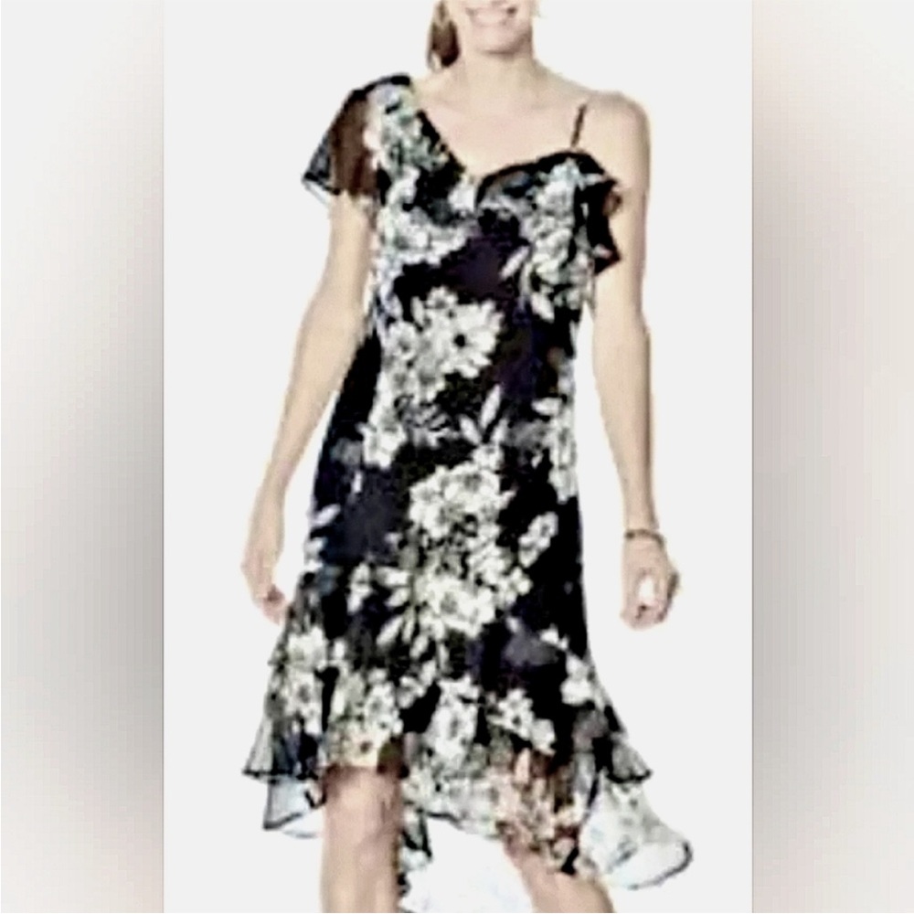 NEW! Colleen Lopez Black and White One Shoulder Floral Ruffle Dress Sizes 10,12